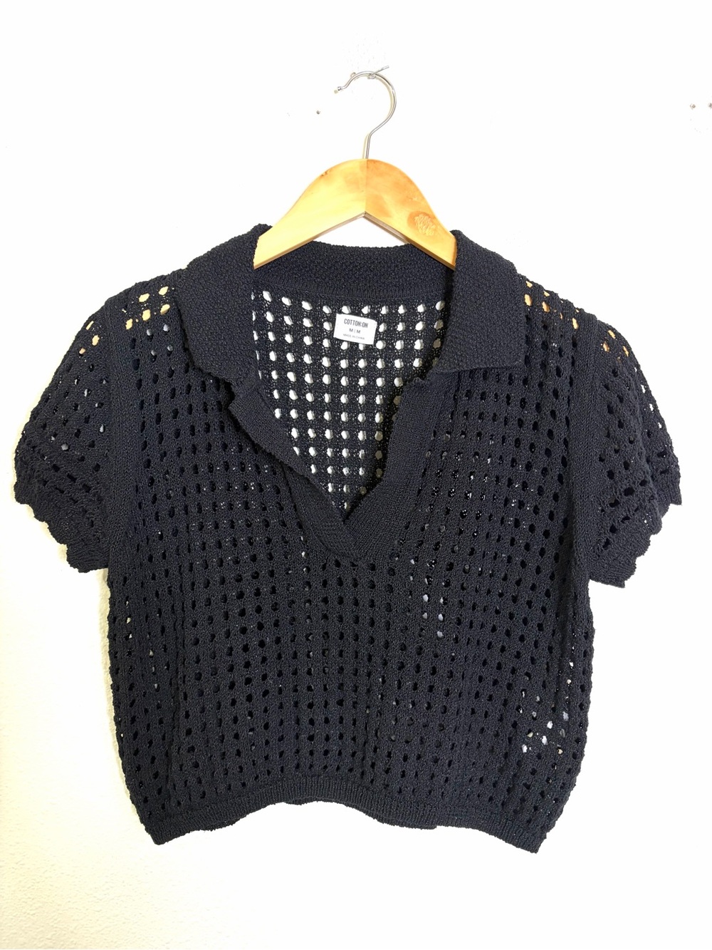Cotton On Black Open-Knit Short Sleeve Sweater top crop sz M collar boho cottage